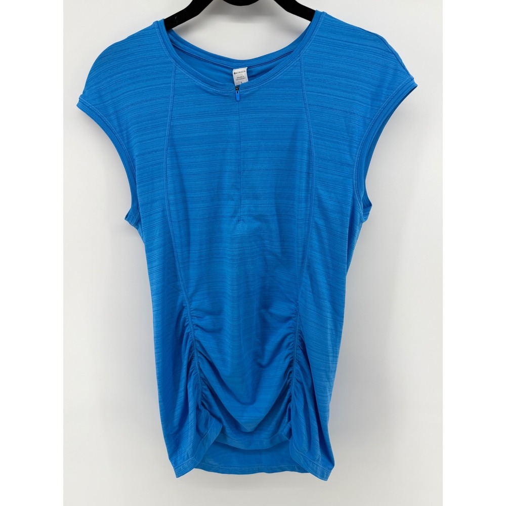 Athleta Women Blue Space Dye Ruched Quarter Zip Athletic Top Cap Sleeve Small